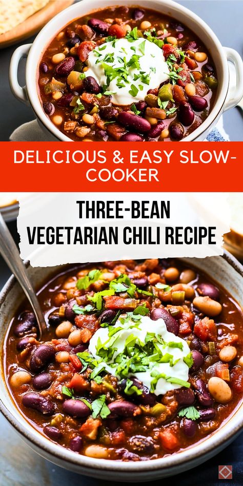 Warm up with this delicious three-bean vegetarian chili recipe made effortlessly in a slow cooker! It's packed with plant-based protein and rich flavors, perfect for those who want a comforting yet healthy vegetarian meal. With minimal prep time, this slow-cooker recipe is great for busy nights when you need easy dinner ideas. Save this pin to enjoy a satisfying bowl of chili anytime! Slow Cooker Three Bean Chili, Slow Cooker Vegetarian Chili Recipe, Chili Beans Recipe Vegetarian, One Pot Vegetarian Chili, Best Vegetarian Chili Crockpot, Vegetarian Chilli Recipes Slow Cooker, Vegan Chilli Recipe Slow Cooker, All Bean Chili Recipe, Crockpot Bean Chili