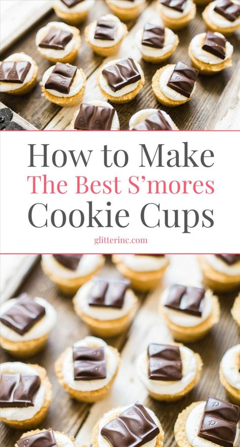 Try these mini smores cookie cups, the best s'mores dessert for any occasion! Each cup features a chocolate chip cookie smores cups base topped with delicious toasted marshmallow. These bite-sized treats pack all the classic s'mores flavors into a fun and easy-to-eat format. S’more Bites, Chocolate Chip Cookie Smores, Smores Cookie Cups, Cookie Smores, Mini Smores, Smores Gift, Smores Cups, S'mores Cookie Cups, Smores Bites