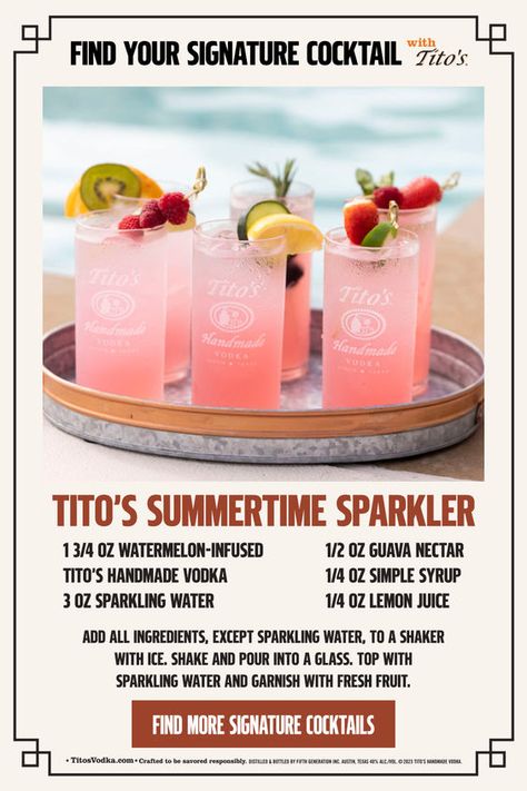 Impress your guests with a Tito’s Handmade Vodka infusion on the bar menu and swap the sparkler exit for a Tito’s Summertime Sparkler entrance. Watermelon-infused Tito’s combines with guava, citrus, and a splash of sparkling water for a tropical twist on a classic wedding cocktail. Simple, smooth, and naturally gluten-free. Here’s to the big day! Cocktail Drinks Alcoholic, Yummy Alcoholic Drinks, Tropical Twist, Infused Vodka, Boozy Drinks, Sparkler Exit, Mixed Drinks Recipes, Vodka Drinks, Cocktail Drinks Recipes