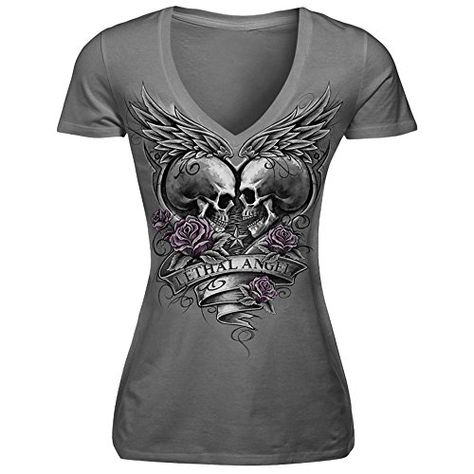 Women's Short Sleeve V-Neck Tops Novelty Unique Gothic Punk Style Skull Print T-Shirts Summer Casual Slim Personalise... Summer Tee Shirts, Skull Clothing, Mini Robes, Collar Tshirt, Streetwear Tshirt, Love T Shirt, Printed Shorts, Casual Tops, Black Shirt