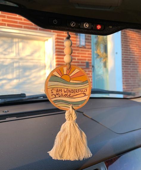 Car Mirror Ornaments, Car Ornaments Mirror Diy, Air Dry Clay Rearview Mirror, Wood Circle Car Hanger, Car Ornaments Mirror, Car Ornaments Diy, Wood Car Charms, Wood Car Mirror Hanger, Car Hanging Accessories