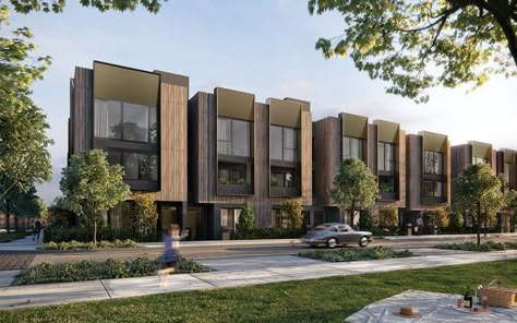 The Mills Townhouse | The Mills - YarraBend | Townhouse exterior, Townhouse, Storefront design Terrace House Exterior, Social Housing Architecture, Contemporary Townhouse, Row House Design, Townhouse Exterior, Apartments Exterior, Modern Townhouse, Storefront Design, Townhouse Designs