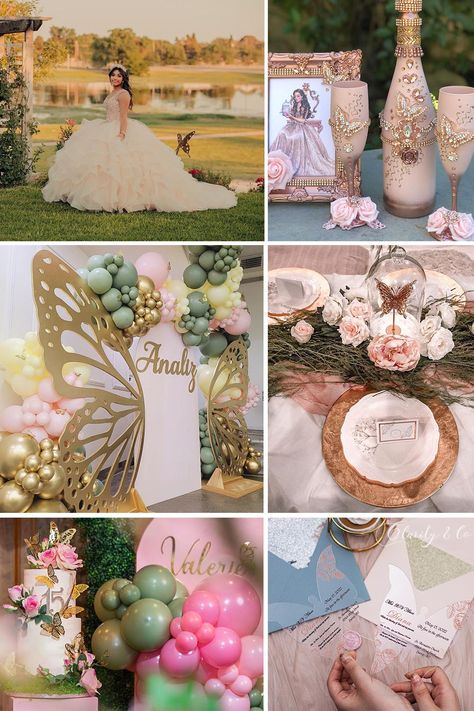 Quince Spring Themes, Pink And Gold Butterfly Quince Theme, Nature Themed Quinceanera, Spring Theme Quinceanera, Sweet Sixteen Butterfly Theme, Cottagecore Quince, Rose Gold Butterfly Quinceanera Theme, Dog Quinceanera, Fairytale Quinceanera Theme