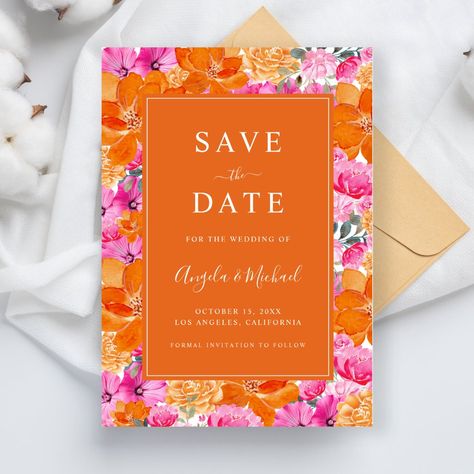 Vibrant Summer Garden | Pink and Orange Wedding Save The Date Orange And Pink Wedding Theme, Orange Save The Date, Save The Date Pink, Pink And Orange Wedding, Orange Invitation, Bold Wedding Invitations, Orange And Pink Wedding, Colorful Wedding Invitations, Orange Party