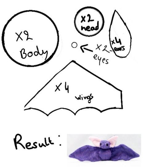 Hand Sew Teddy Bear, Stuffy Template, Plush Pattern Free Templates, Plush Bat Pattern, Plushy Templates, Cute Sewing Templates, Easy Sewing Patterns Stuffed Animals, Free Bat Plush Sewing Pattern, Fabric Plushies Diy