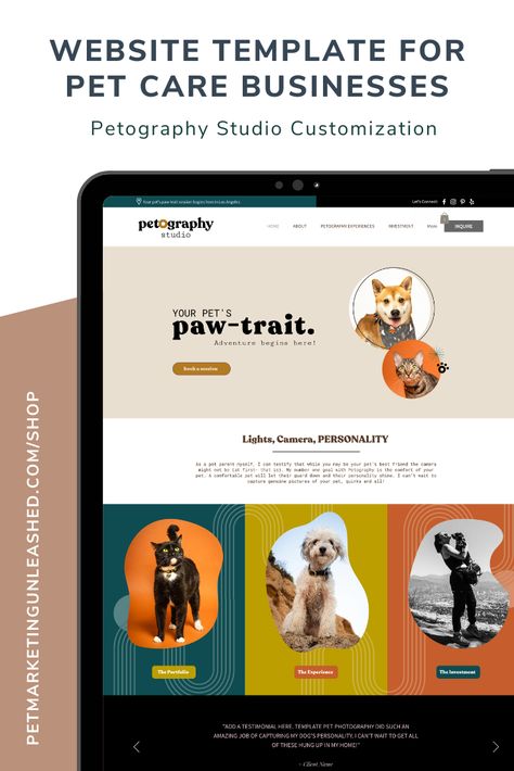 Custom wix website design for Petography Studio boutique. This pet boutique logo design, mood board, color palette, and more give you pet business branding and website inspiration that you could get custom-made for your own biz. Web and graphic design by Pet Marketing Unleashed. Pet Color Palette, Pet Website Design, Pet Branding Design, Pet Marketing, Dog Graphic Design, Pet Websites, Dog Website, Vip Day, Dog Marketing