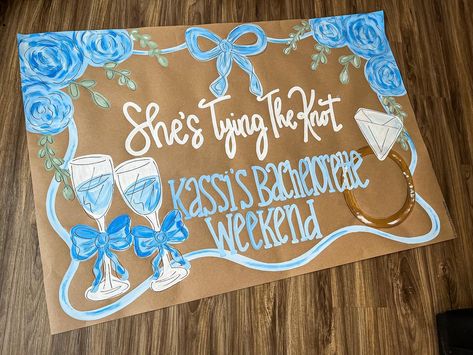 This is ADORABLE with all of the blues!! 🩵🦋🫶🏼 #bows #banner #banners Kraft Paper Banner, Wedding Shower Banners, Painted Banners, Painted Banner, 50th Birthday Banner, Cute Banner, Bachelorette Banner, Engagement Banner, Painting The Roses Red