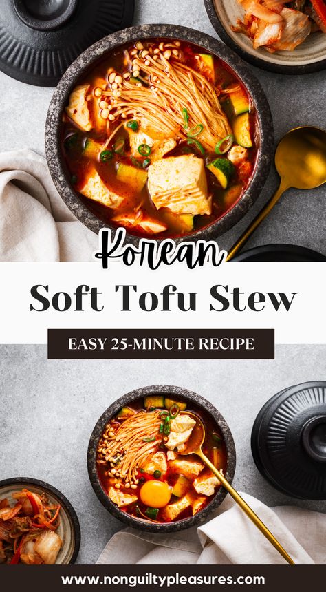 This Korean tofu stew recipe is the best warm and comforting soup you can make at home! Loaded with savoury broth, velvety soft tofu, and flavourful vegetables, this delicious and easy Korean dish will warm you up from the inside out. Make this rich and flavourful tofu soup, also known as soondubu jjigae, for a quick and satisfying meal that's perfect for any day of the week. The perfect balance of spicy and savoury, this soft tofu stew is a must-try for any Korean food lover. Soft Tofu Stew Korean, Kimchi Soft Tofu Stew, Spicy Tofu Stew, Korean Witch Stew, Korean Tofu Soup Recipe, Korean Stew (jjigae), Soon Tofu Soup Recipe, Easy Korean Recipes Healthy, Egg Drop Soup With Tofu