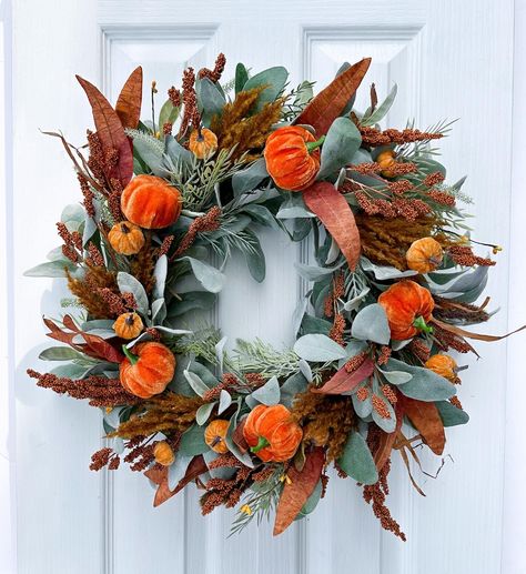 Bring a touch of autumn to your front door this season. Autumn collection out now. Lots more designs to choose from, see link in bio for Etsy shop. #wreathsofinstagram #wreathforsale #autumnvibes #wreathforsale #autumnwreathsforsale Faux Wreath, Orange Eucalyptus, Outdoor Wreath, Wreaths For Sale, Artificial Eucalyptus, Outdoor Wreaths, Velvet Pumpkins, Artificial Wreath, Autumn Crafts