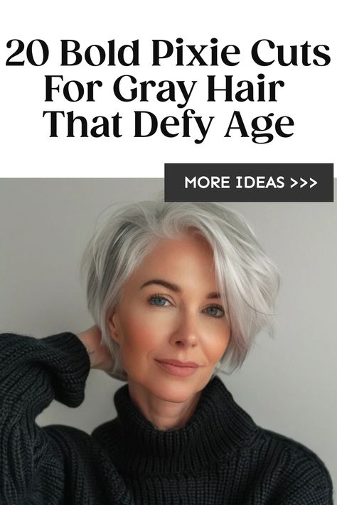 Woman with a short gray pixie haircut smiling at the camera. Best Haircut For Grey Hair, Womens Salt And Pepper Short Hair, Bobs For Older Women Over 50 Grey Hair, Short Haircuts Gray Hair, Shorter Grey Hair Styles, Short Gray Hair Over 40, Fashion For Grey Hair Women, Gray Long Pixie Haircut, Sassy Gray Hair Over 50