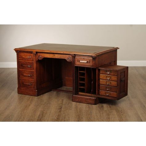 High Quality Antique Late 19th Century Oak Pedestal Writing Desk with Dovetailed Drawers, Swing Out File Storage, and Naugahyde Surface Antique Office Decor, Architect Desk, Gothic Desk, Retro Objects, Wood Desk Top, Victorian Desk, Floor Desk, Architects Desk, Antique Writing Desk