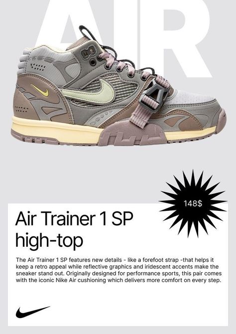 Nike Air Trainer 1 Sp, Trendy Nike Shoes, Poster Nike, Nike Air Trainer 1, Figma Design, Shopping Aesthetic, Nike Air Trainer, Nike Boots, All Nike Shoes