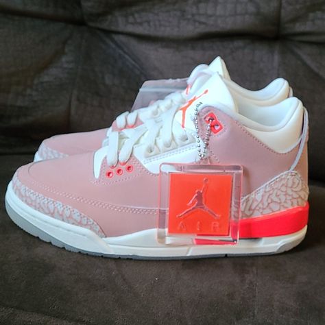 Jordan 4 Pink And White, Mens Pink Shoes, Jordan 3s Pink, Jordan Heels For Women, Rust Pink Jordan 3 Outfit, Light Pink Jordans, Womens Jordans Sneakers, Pink Jordan 3, Cute Jordans For Women