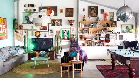 An Australian family transformed their open-plan shed into a gorgeous family home that's filled with color and charm. Colorful Maximalist Home, Maximalist Decor Vintage, Maximalist House, Loft Style Homes, Colorful Maximalist, Maximalist Interior Design, Bohemian Style Decor, Vintage Apartment, Maximalist Interior