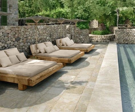 Mediterranean Gardens, Outdoor Daybed, Stone Walls, Outside Living, Mediterranean Garden, Lounge Area, Garden Designs, Contemporary Dining, Garden Pool