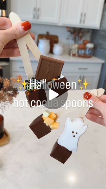 Elaina Zinke on Instagram: "These hot cocoa spoons are so easy, festive, and absolutely creamy delicious! They also make the best gift! Comment SPOON to get links to everything you need to make your own Halloween hot cocoa spoons 🎃👻

✨Halloween hot cocoa spoons: mix together 1 cup milk chocolate chips and 1 cup semi-sweet chocolate chips. Microwave in 30 second intervals and stir in between until melted. Fill molds 3/4 of the way full (pro-tip: place the silicone molds on something hard- like a cutting board- so they’re easy to transfer). Add your wooden spoon and whatever toppings you want! Put in the freezer for 30 minutes. To use: fill a mug with hot milk, add your hot cocoa spoon, stir and enjoy! 🎃👻

**Wooden spoons and molds are linked in my Amazon Storefront (in my bio) under “Ho Hot Cocoa Halloween, Chocolate Molds Ideas, Hot Chocolate Halloween, Hot Cocoa Spoons, Halloween Hot Cocoa, Halloween Hot Chocolate, Cocoa Spoons, Halloween Snack Mix, October Daily