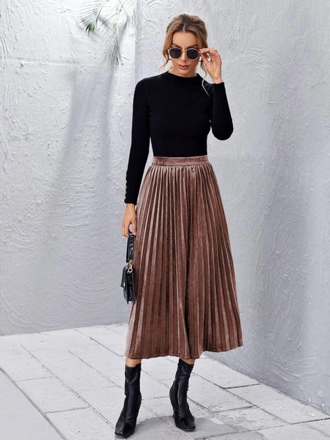 High Waist Velvet Pleated Skirt | SHEIN USA Midi Velvet Skirt Outfit, How To Style A Velvet Skirt, Velvet Skirts For Women, Styling Velvet Skirt, Champagne Pleated Skirt Outfit, Velvet Long Skirt Outfit, Pleated Velvet Skirt Outfit, Pleated Skirt Outfit Wedding, Long Velvet Skirt Outfit