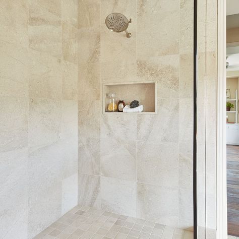 Crema Vosscione Honed - Arizona Tile Limestone Shower Tile, Limestone Bathroom, Natural Stone Tile Bathroom, Limestone Bathroom Tiles, Bad Inspo, Stone Shower Floor, Stone Floor Bathroom, Beige Bathrooms, Stone Tile Bathroom