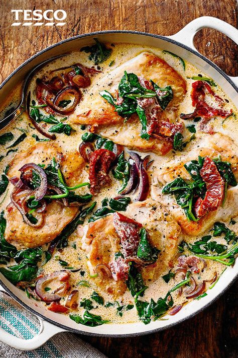 Creamy Spinach Chicken, French Mustard, Spinach Chicken, Tesco Real Food, Chicken And Spinach, Herb Chicken, Midweek Meals, Duck Recipes, Creamy Spinach