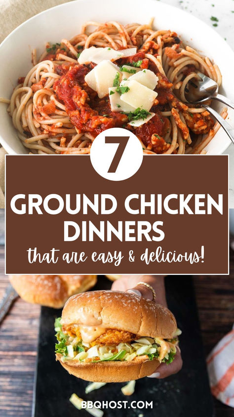 Tired of the same old dinners? Try these easy ground chicken recipes for a fresh twist! From Crispy Chicken Burgers to Garlic Ginger Chicken Potstickers and even a fun Chicken Parm Pizza, there's something here for everyone. These dishes are perfect for quick weeknight meals and packed with flavor. Save this post  and click through for delicious ground chicken dinner ideas! Chicken Nuggets Recipe Ground Chicken, Ground Chicken Ideas For Dinner, Ground Turkey Or Chicken Recipes, What To Make With Ground Chicken Healthy, Easy Recipes With Ground Chicken, Recipe For Ground Chicken, Ground Chicken Recipes Crockpot, Ground Chicken Alfredo, Ground Chicken Ideas