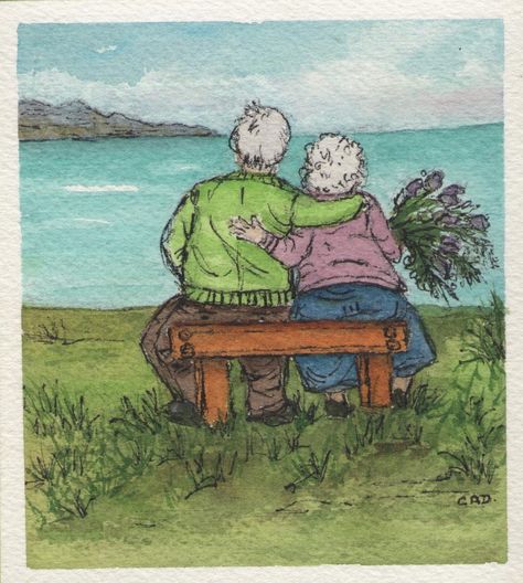 WATERCOLOR.... OLD COUPLE Anniversary Painting Ideas Couple, Save Water Sketch, Vintage Couple Painting, Old Couple Sketch, Old Couple Drawing, Old Couple Art, Couple Watercolor Painting, Pond Paintings, Water Sketch