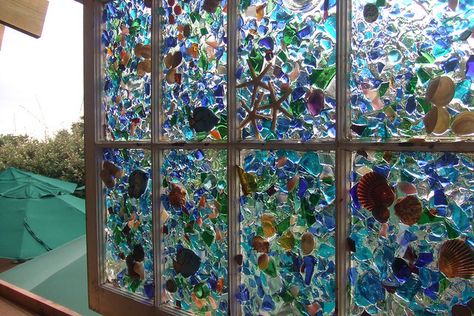 sea glass and sea shell window art | Flickr - Photo Sharing! A beautiful piece of art. Sea Glass Window, Glass Window Art, Mosaic Stained, Glass Art Projects, Beach Glass Art, Sea Glass Crafts, Glass Candy, Glass Pieces, Window Art