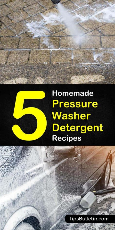 Discover five great diy soaps to use in your pressure washer. With these easy homemade pressure washer detergent recipes, you’ll have your home and yard sparkling. #diydetergent #pressurewasher #homemadedetergent Diy Pressure Washer Solution, Powerwashing House, Pressure Washer Soap Diy, Power Washer Solution Diy, Diy Car Wash Soap, Pressure Washing Tips, Diy Car Wash, Cleaning Concrete, Tidy Tips