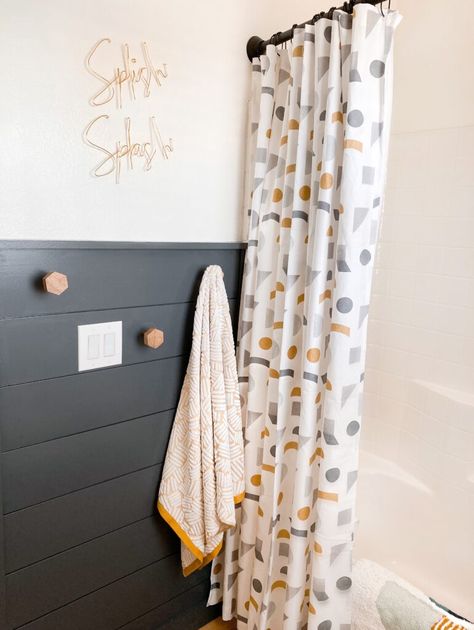 Kids Bathroom Makeover | San Diego interior design | Domestic Blonde Fun Bathroom Accent Wall, Boho Chic Bathroom Ideas, Colorful Kids Bathroom, Neutral Kids Bathroom, Boy Bathroom Ideas, Gender Neutral Kids Bathroom, Small Kids Bathroom, Modern Kids Bathroom, Kids Bathroom Storage