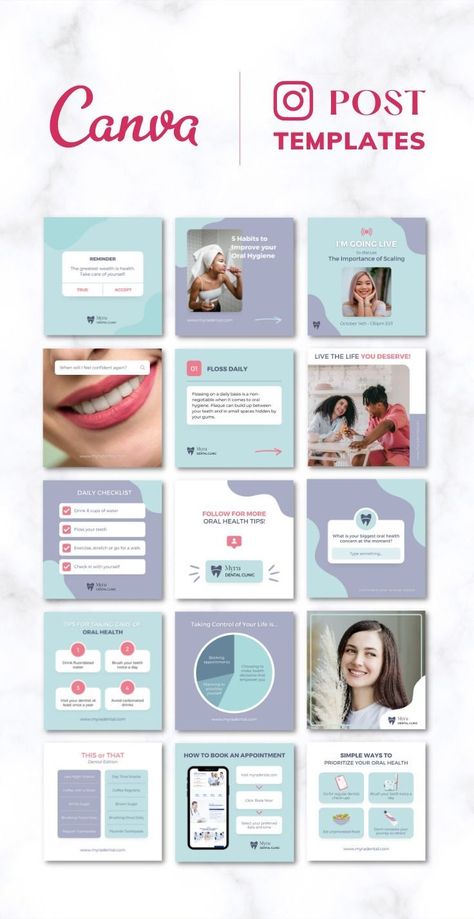 Elevate your dental practice's Instagram with our charming pastel-hued Canva templates. Designed to be both friendly and professional, these templates are easily customizable to reflect your clinic's unique brand.  Craft engaging content and make a lasting impression on your audience with these versatile designs, perfect for both dentists and orthodontists. 
.#CanvaTemplates #SocialMediaDesign #InstagramIdeas #PinterestTemplates #CreativeCanva Dentist Instagram, Dentist Branding, Dental Posts, Aesthetic Doctor, Tinder Profile, Natural Teeth Whitening, Template Instagram, First Impressions, Instagram Story Template