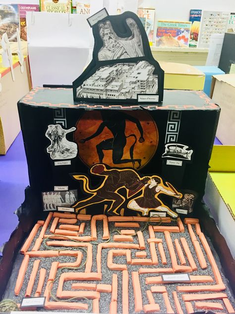 Greek Mythology Diorama - Theseus and the Minotaur Greek Mythology School Project, Greek Mythology Projects, Hercules Mythology, Greek Myths For Kids, Ancient Greece Crafts, Greek Mythology Lessons, Activies For Kids, Theseus And The Minotaur, Ancient Greece Mythology