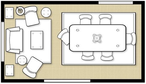 Great idea for a layout of a combo formal living and dinng space! Ours is a little bigger than this so maybe we could add a buffet/china cabinet or a bookshelf, but this is a good place to start! Dining Room Layout, Sofa Layout, Living Room Layout, Dining Room Remodel, Dining Room Combo, 아파트 인테리어, Dining Room Small, Living Room Remodel, Livingroom Layout