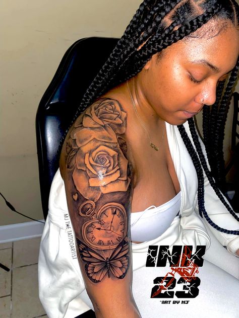 Should Sleeve Tattoo Women, My Favorite Lady Tattoo, Blessed Tattoo With Cross, Scripture Sleeve Tattoos For Women, Cute Arm Tattoos For Women Simple, Cute Tattoo Sleeves For Women, Tattoos For Loved Ones Who Passed Sleeve, Girly Half Sleeve Tattoos, Upper Arm Tattoos Female