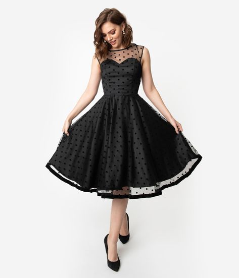 Collectif 1950s Style Black Swiss Dot Illusion Neckline Faye Swing Dre – Unique Vintage Dresses 1950s Style, Fifties Dress, 1950s Party Dresses, 1950s Fashion Dresses, Dresses 1950s, Emo Dresses, Pin Up Dresses, 1950s Style, Illusion Neckline