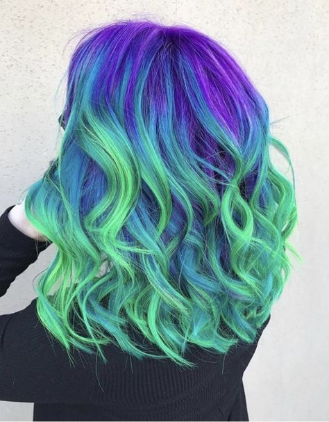 Hair Color Green Blue, Purple With Green Hair, Multicolor Blue Hair, Purple Green And Blue Hair, Purple And Green Hair Color, Neon Blue Hair Color, Mermaid Hair Dye, Purple To Green Hair, Purple Green Blue Hair