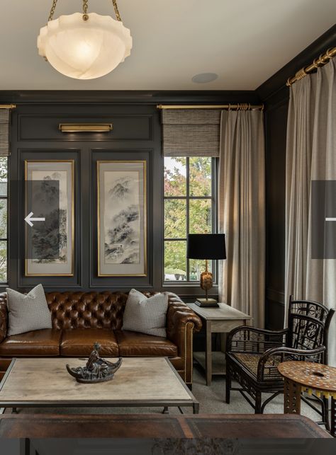 Colonial Inspired Interior, 20s Inspired Home Decor, Urban Bronze Media Room, Dark Grey Family Room, Masculine Country Living Room, Funky Sunroom, Minimal Luxury Interior Living Rooms, Small Colonial House Interior Design, Gentleman Room