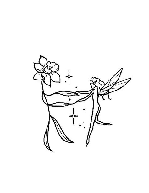 Tattoo Stencil Aesthetic, Midsummer Nights Dream Tattoos, A Midsummer Night's Dream Tattoo, Small Fairy Tattoos Simple, Childhood Book Tattoos, Fairy Flower Tattoo, Small Whimsical Tattoos, Dancing Flower Tattoo, Cute Fairy Tattoo