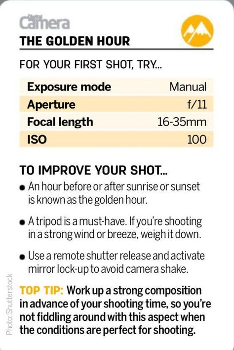 Photography Cheat Sheet: Camera Settings for a Golden Hour Shoot Sunrise Photography Cheat Sheet, Nikon D7500 Cheat Sheets, Sunset Photography Tips, Sunset Photo Settings, Sunset Photography Settings, Photography Cheat Sheet, Beginner Photography Camera, Manual Photography, Digital Photography Lessons