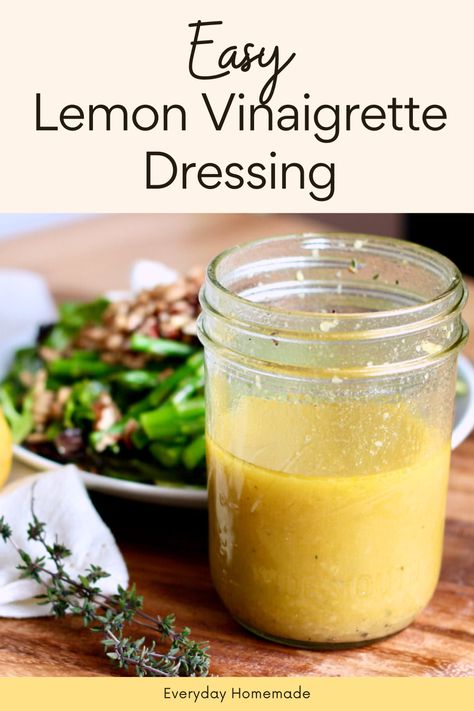 Elevate your salads with this Easy Lemon Vinaigrette Dressing recipe! Whisk together fresh lemon juice, lemon zest, garlic, thyme, olive oil, honey, and Dijon mustard for a creamy, homemade marinade or spring salad dressing. Healthy, sweet, and light, it's the perfect quick fix for a burst of flavor in every bite. Lemon Vinegarette Dressing Easy, Lemon Oil Dressing, Lemon Mustard Vinaigrette, Lemon Vinegarette Dressing, Lemon Garlic Salad Dressing, Lemon Vinaigrette Dressing Recipe, Lemon Vinagrette, Salad Dressing Healthy, Lemon Garlic Vinaigrette