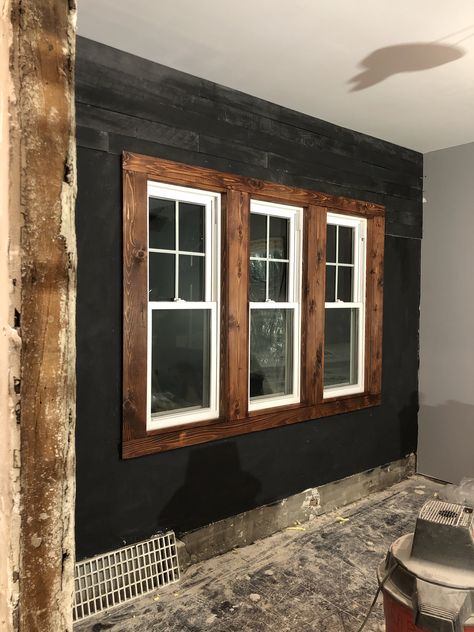 White Walls Natural Wood Trim, Reclaimed Wood Trim Ideas, White Windows Cedar Trim Exterior, Cedar Framed Windows, Wood Stain Window Trim, Pallet Window Trim, Rustic Wall Trim, Remodel Ranch Exterior, Black And Cedar House Interior