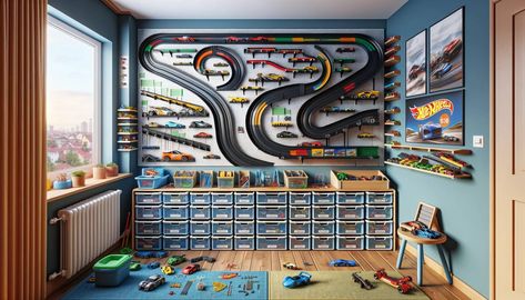 15 Innovative Ideas for Organizing Hot Wheels Tracks How To Organize Hot Wheel Tracks, Hot Wheels Play Area, Hot Wheels Playroom, Hot Wheel Race Track Storage, Hot Wheels Organization Ideas, Hot Wheel Tracks Storage, Hot Wheels Storage Ideas Diy, Hot Wheels Track Ideas, Hot Wheels Wall Storage