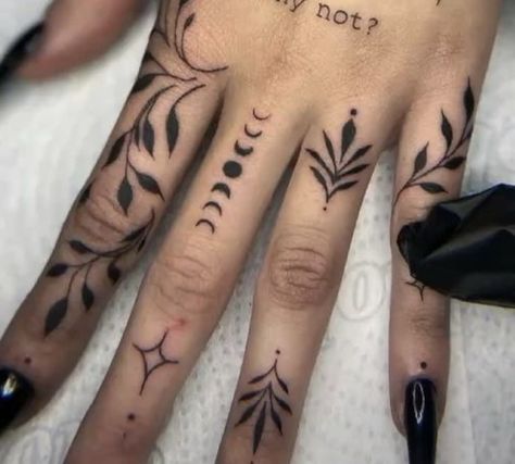 Planetary Symbols Tattoo, Small Witchy Hand Tattoos, Witchy Knuckle Tattoo, Earthy Finger Tattoo, Small Gothic Hand Tattoos, Gothic Finger Tattoos For Women, Astrology Hand Tattoo, Easy Tattoos For Beginner Artists, Decorative Hand Tattoo