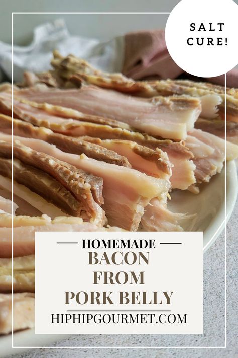 raw slices of bacon on a plate Salted Pork Belly Recipes, Homemade Bacon Recipes, Pork Belly Bacon Recipes, How To Make Bacon From Pork Belly, Homemade Bacon Recipes Pork Belly, Pork Belly Breakfast, Make Bacon From Pork Belly, How To Prepare Pork Belly, Curing Pork Belly For Bacon