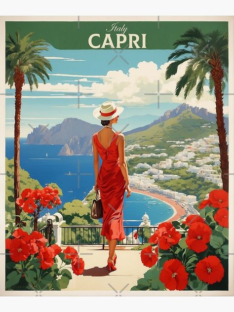 50s Travel Poster, 1950s Travel Posters, Vintage Travel Ads, Capri Illustration, Old Italian Aesthetic, Italy Vintage Poster, Italy People, Poster Tourism, Limoncello Spritz