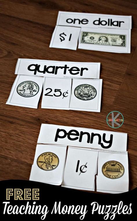 FREE Teaching Money Puzzles - super cute fun math activity to help prek, kindergarten, and first grade students to learn american coins and their value #kindergarten #money #math Kindergarten Money, Counting Money Activities, Money Math Games, Money Kindergarten, Money Centers, Prek Learning, Money Puzzles, Math Addition Games, American Money