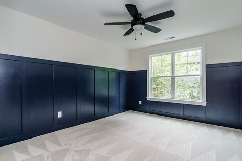 Navy Blue Wood Panel Wall, Navy Blue Bedroom Board And Batten, Navy Blue Accent Wall Entry Way, Navy Blue Half Wall, Blue Panel Wall Bedroom, Navy Blue Wall Paneling, Navy Blue Board And Batten Wall, Navy Panelling Living Room, Navy Wall Panelling