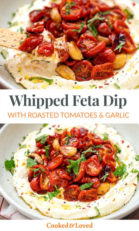 Flavours explode in this whipped feta dip with roasted cherry tomatoes and garlic. Served with crispbreads, crackers, sourdough bread, or whatever low-carb or gluten-free alternative you have, this amazing appetizer will have everyone talking! Great for the holidays, as part of a mezze platter or as a dinner party starter. One of the best feta recipes! Essen, Hearty Appetizers, Tomato Appetizers, Dinner Party Starters, Gluten Free Party Food, Whipped Feta Dip, Mezze Platter, Cherry Tomato Recipes, Gluten Free Appetizers