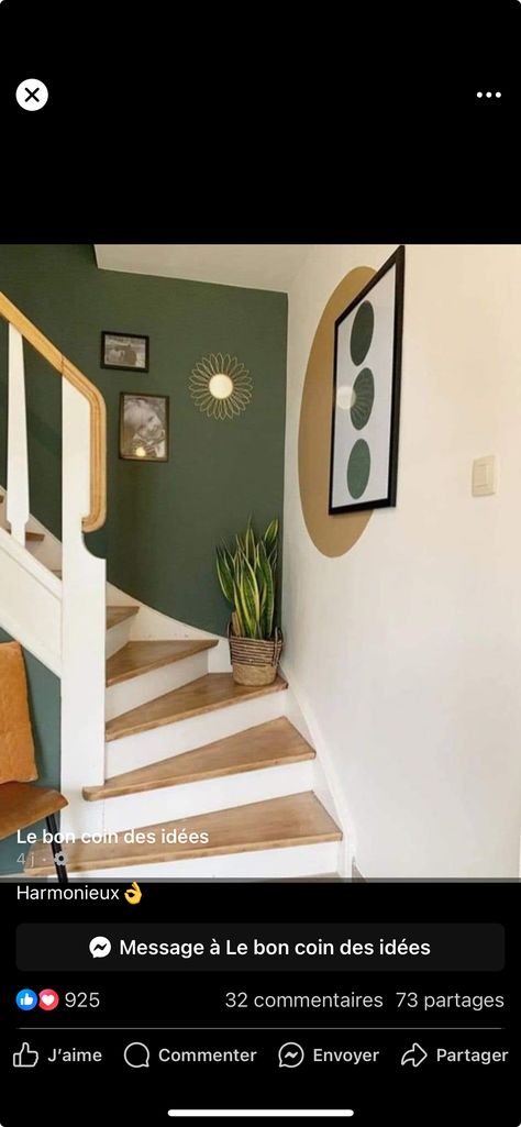 Decoration Cage Escalier, Accent Wall Staircase, Stairwell Accent Wall, Back Door Entrance, Green Accent Walls, Pony Wall, Stair Wall, Hallway Inspiration, Attic Bedrooms