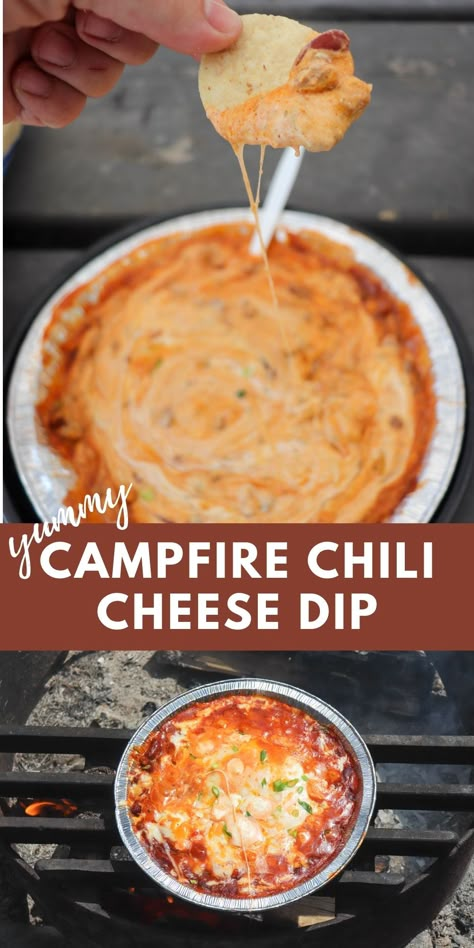 Camping Meal Plan, Chili Cheese Dip Recipes, Campfire Chili, Campfire Snacks, Chili Cheese Dip, Camping Meal Planning, Camping Meal, Cheese Dip Recipe, Outdoor Cooking Recipes