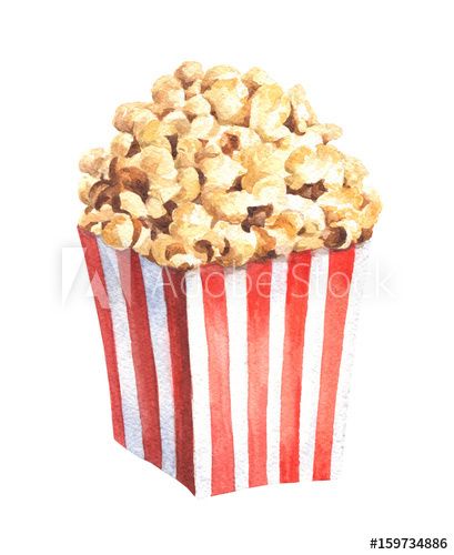 Stock Image: Hand drawn watercolor delicious popcorn can, isolated on white background. Food  illustration. Popcorn Paint, Popcorn Clipart, Background Food, Crafts Vintage, Learn Photoshop, Movie Cinema, Stationary Design, Watercolor Images, Food Illustration