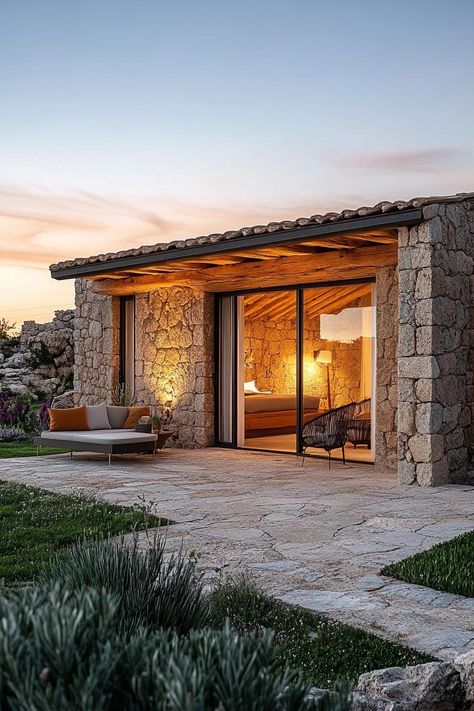 Modern Sardinian stone cottage. Check out all of these charming Italian houses that will inspire your next home project with rustic elegance and Mediterranean flair. Modern Italian Villa, Small Stone House, Modern Cottage Homes, House Mediterranean, Rustic Exterior, House Design Pictures, Small House Design Plans, Italian Home, Bungalow Style